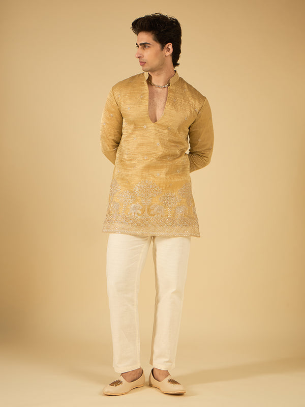 Sand Beige Thread Embroidered Kurta for Men with Elephant Motif