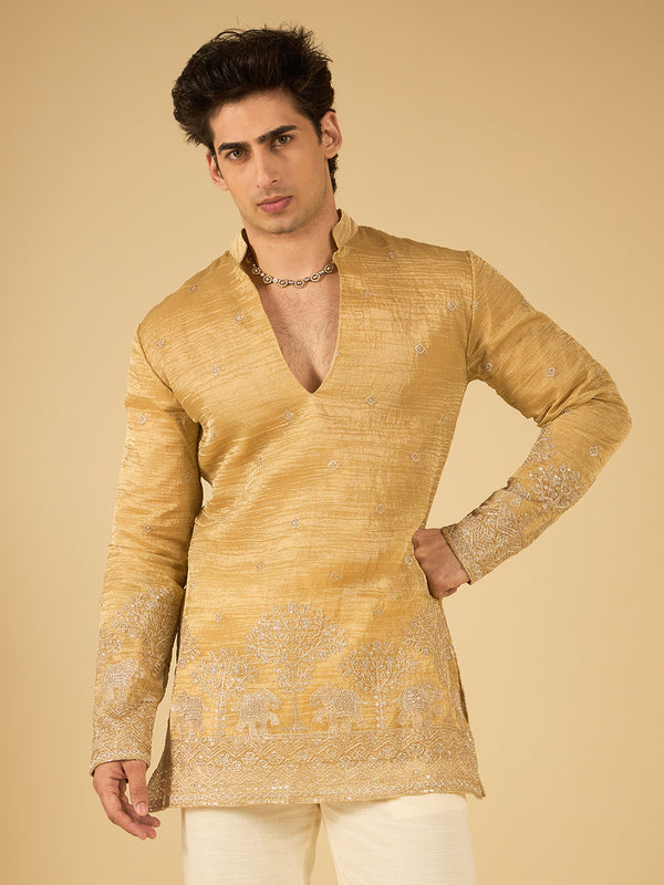Sand Beige Thread Embroidered Kurta for Men with Elephant Motif