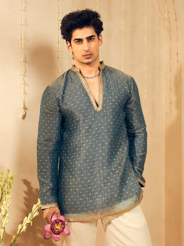 Powder Blue Butti Work Kurta for Men with Gold Lace Neckline