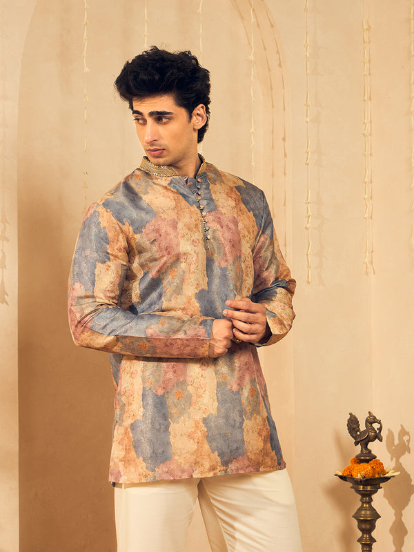 Dusty Blue Floral Print Jacquard Kurta for Men with Gold Lace Collar