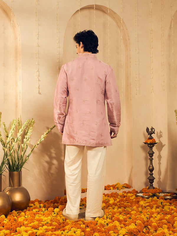 Powder Pink Embroidered Kurta for Men with Rose Gold Thread Work
