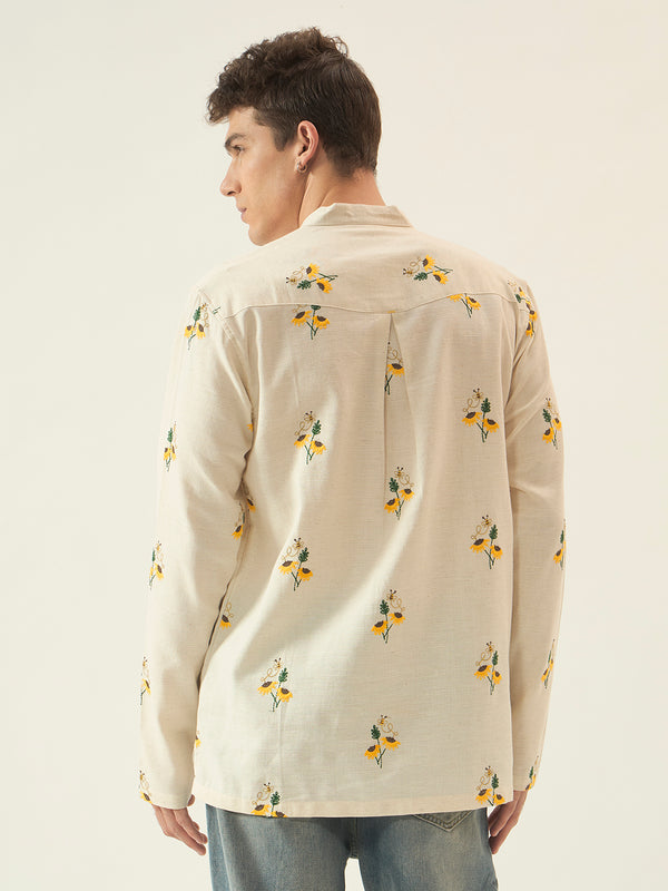 Ivory Sunflower Embroidered Cotton Kurta