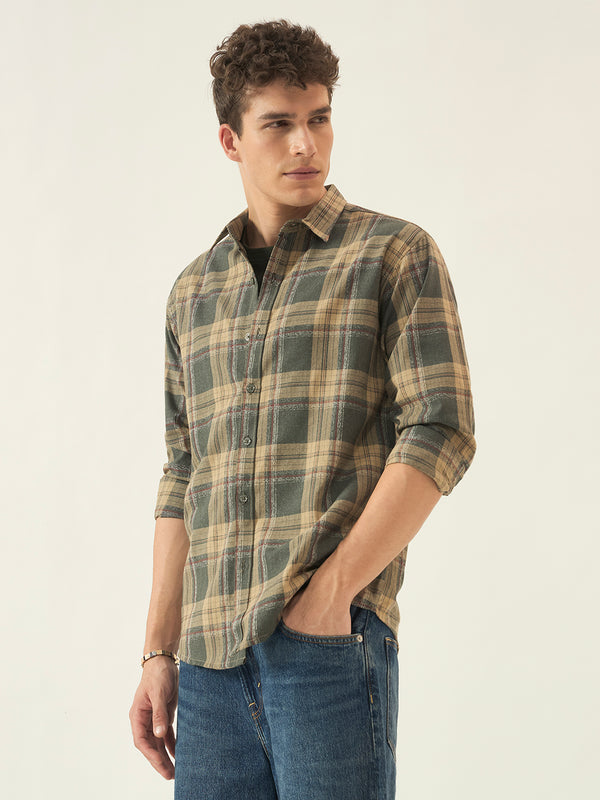 Men’s Full Sleeve Checkered Linen-Feel Cotton Shirt – Regular Fit