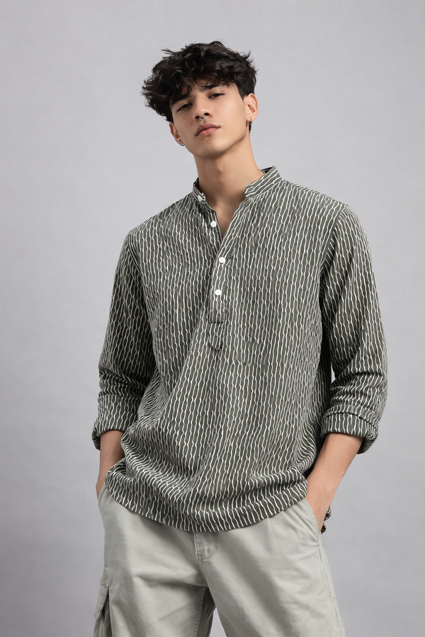 Textured Bottle Green Short Kurta