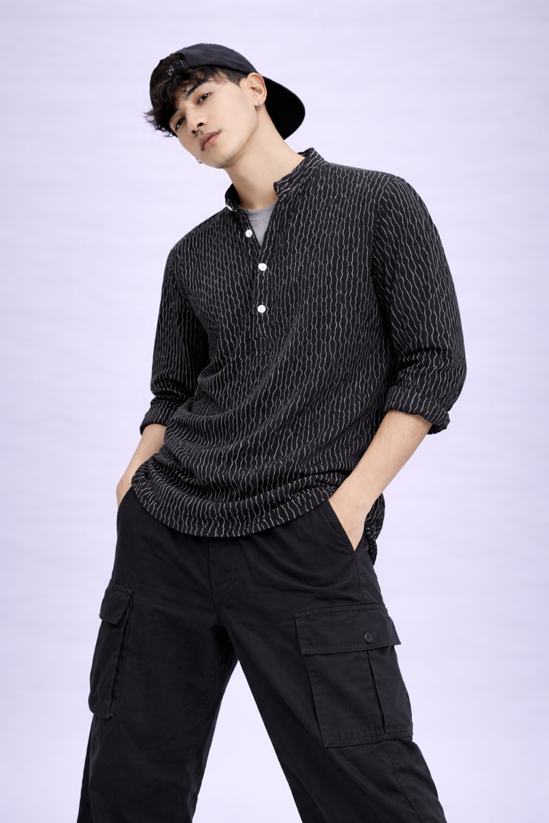 Textured Black Short Kurta