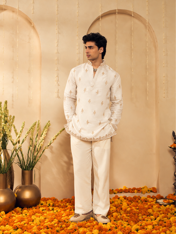 Champagne Beige Embroidered Kurta for Men with Rose Gold Thread Work