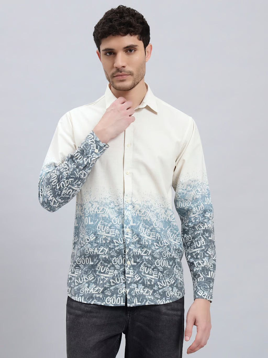 REBELAW Alphabet Print Cotton Linen Shirt