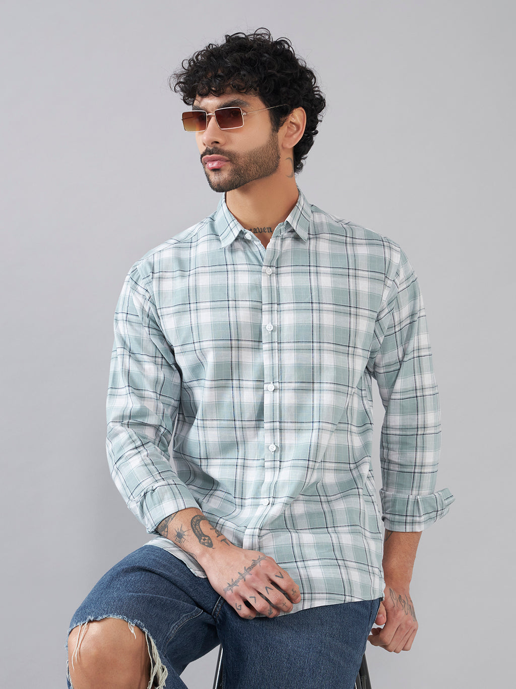 Pale Blue Check Back-Printed Full Sleeve Shirt