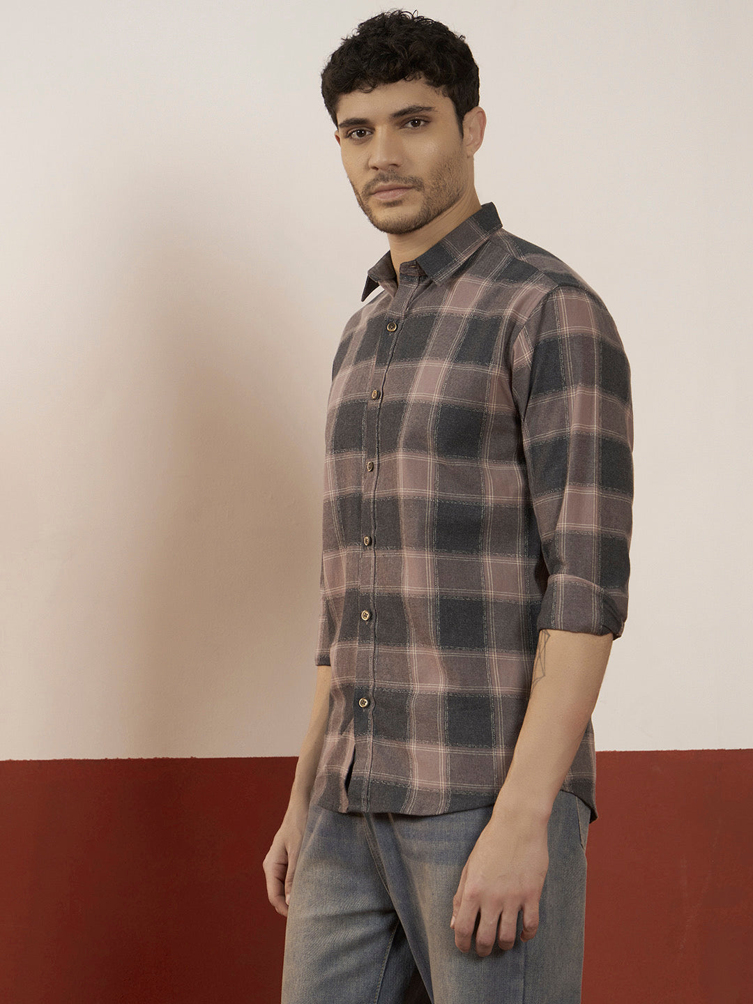 The Dusk Men’s Full Sleeve Checkered Linen-Feel Cotton Shirt – Regular Fit