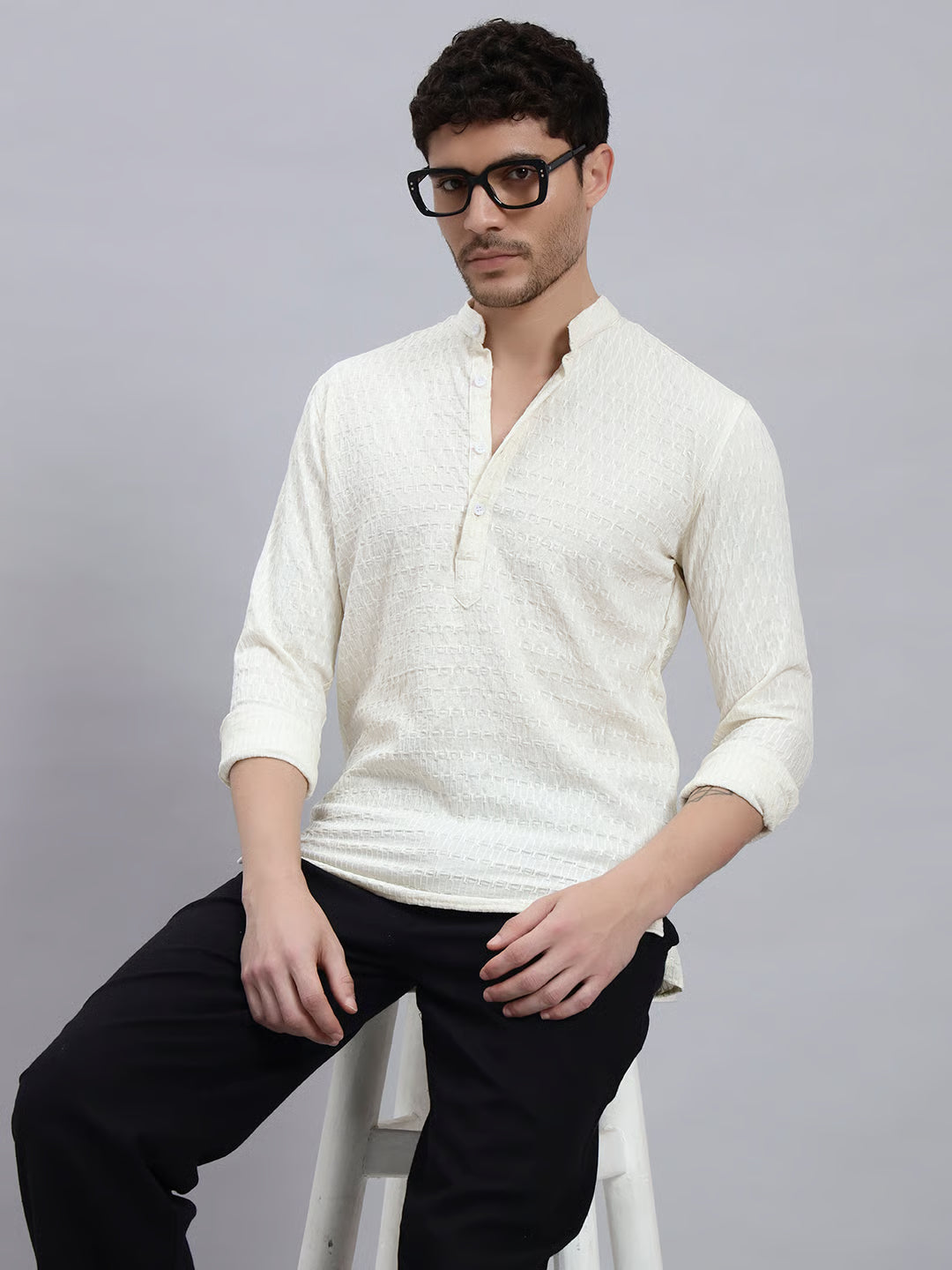 Textured White Short Kurta