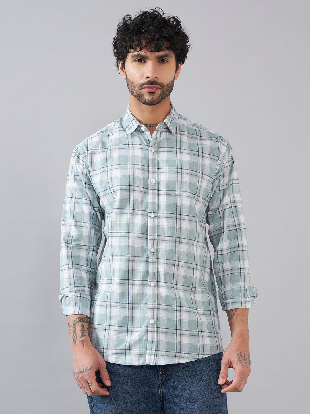 Light BlueChecks Back Printed Full Sleeve Shirt