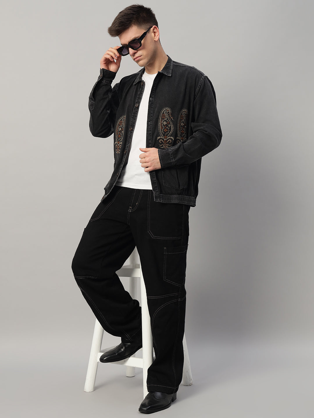 REBELAW Classic Washed Embroidered Oversized Cotton Jacket