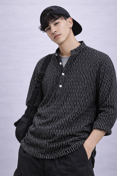 Textured Black Short Kurta