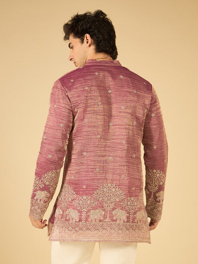 Berry Wine Thread Embroidered Kurta for Men with Elephant Motif