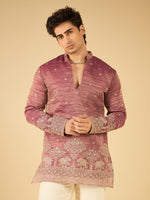Berry Wine Thread Embroidered Kurta for Men with Elephant Motif