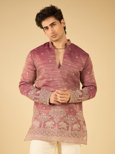 Berry Wine Thread Embroidered Kurta for Men with Elephant Motif