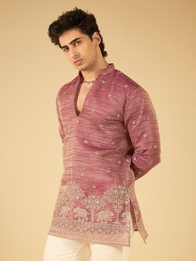 Berry Wine Thread Embroidered Kurta for Men with Elephant Motif