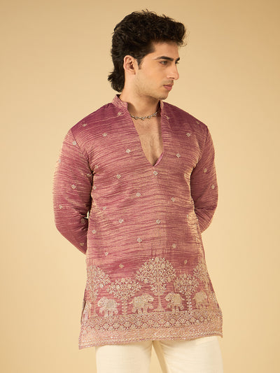 Berry Wine Thread Embroidered Kurta for Men with Elephant Motif