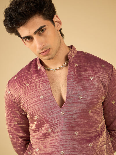 Berry Wine Thread Embroidered Kurta for Men with Elephant Motif