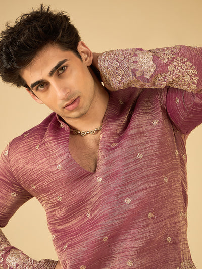 Berry Wine Thread Embroidered Kurta for Men with Elephant Motif
