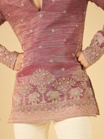 Berry Wine Thread Embroidered Kurta for Men with Elephant Motif
