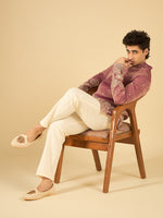 Berry Wine Thread Embroidered Kurta for Men with Elephant Motif