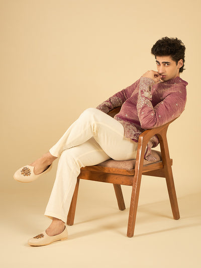 Berry Wine Thread Embroidered Kurta for Men with Elephant Motif