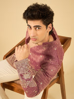 Berry Wine Thread Embroidered Kurta for Men with Elephant Motif
