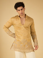 Sand Beige Thread Embroidered Kurta for Men with Elephant Motif