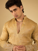 Sand Beige Thread Embroidered Kurta for Men with Elephant Motif