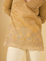 Sand Beige Thread Embroidered Kurta for Men with Elephant Motif