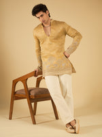 Sand Beige Thread Embroidered Kurta for Men with Elephant Motif