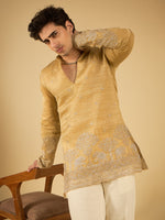 Sand Beige Thread Embroidered Kurta for Men with Elephant Motif