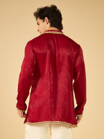 Maroon Velvet Kurta for Men with Gold Lace Work