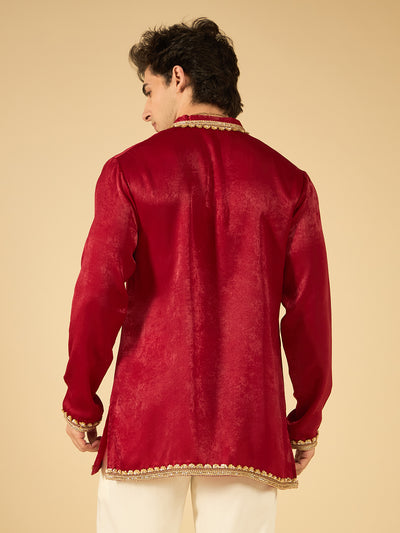 Maroon Velvet Kurta for Men with Gold Lace Work