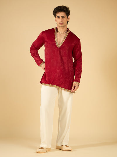 Maroon Velvet Kurta for Men with Gold Lace Work