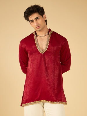 Maroon Velvet Kurta for Men with Gold Lace Work