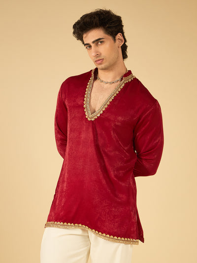 Maroon Velvet Kurta for Men with Gold Lace Work