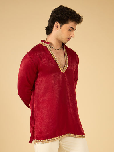 Maroon Velvet Kurta for Men with Gold Lace Work