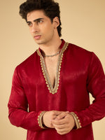 Maroon Velvet Kurta for Men with Gold Lace Work