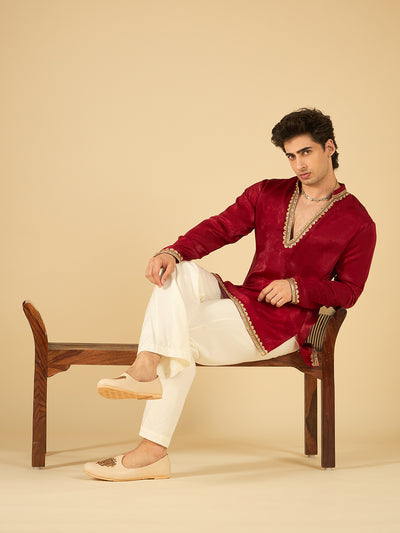 Maroon Velvet Kurta for Men with Gold Lace Work