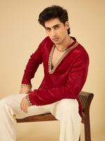 Maroon Velvet Kurta for Men with Gold Lace Work