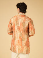 Rust Floral Print Jacquard Kurta for Men with Gold Lace Collar