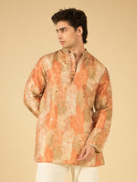 Rust Floral Print Jacquard Kurta for Men with Gold Lace Collar
