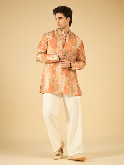 Rust Floral Print Jacquard Kurta for Men with Gold Lace Collar