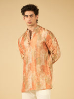 Rust Floral Print Jacquard Kurta for Men with Gold Lace Collar