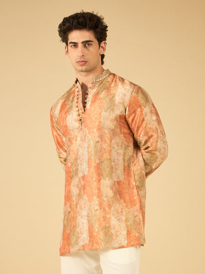 Rust Floral Print Jacquard Kurta for Men with Gold Lace Collar