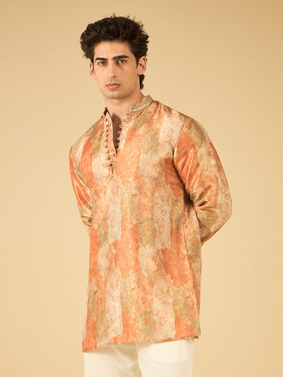 Rust Floral Print Jacquard Kurta for Men with Gold Lace Collar