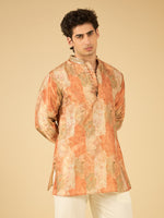 Rust Floral Print Jacquard Kurta for Men with Gold Lace Collar