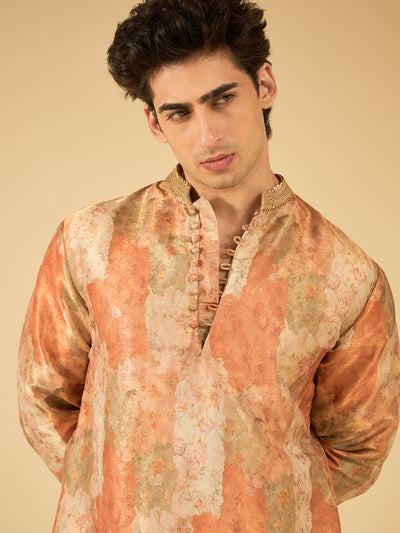 Rust Floral Print Jacquard Kurta for Men with Gold Lace Collar